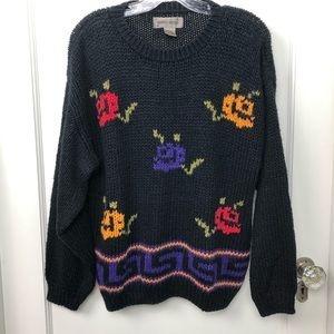 Vintage Chunky Knit Sweater 80’s Black Floral